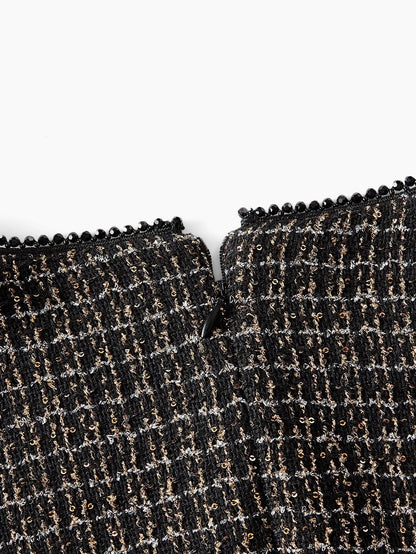 PREMIUM CHRISTMAS PLUS SIZE CHIC LONG SLEEVE TWEED PATCHWORK PLEATED MINI DRESS AUTUMNWINTER