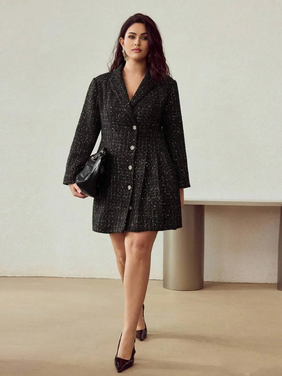 PREMIUM CHRISTMAS PLUS SIZE TWEED BUTTON UP DRESS