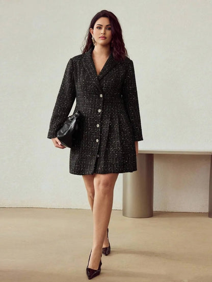 PREMIUM CHRISTMAS PLUS SIZE TWEED BUTTON UP DRESS