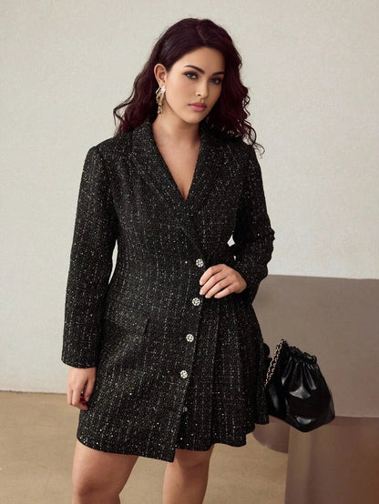 PREMIUM CHRISTMAS PLUS SIZE TWEED BUTTON UP DRESS