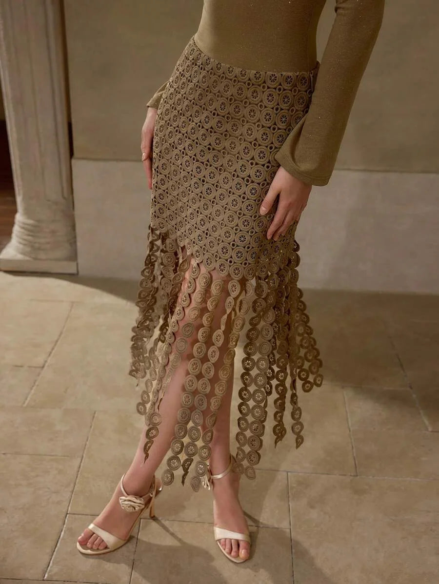 PREMIUM COLD SHOULDER CONTRAST GUIPURE LACE FRINGE HEM DRESS