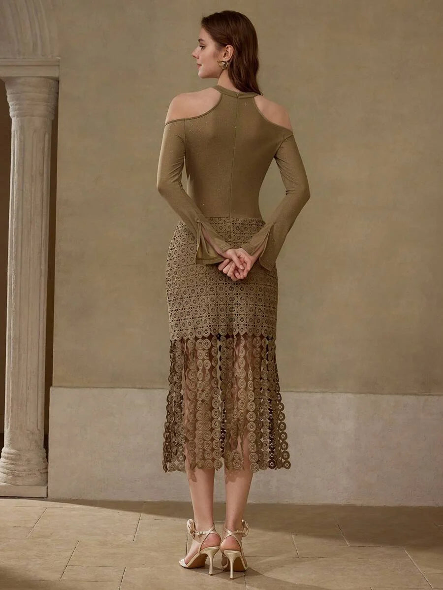 PREMIUM COLD SHOULDER CONTRAST GUIPURE LACE FRINGE HEM DRESS