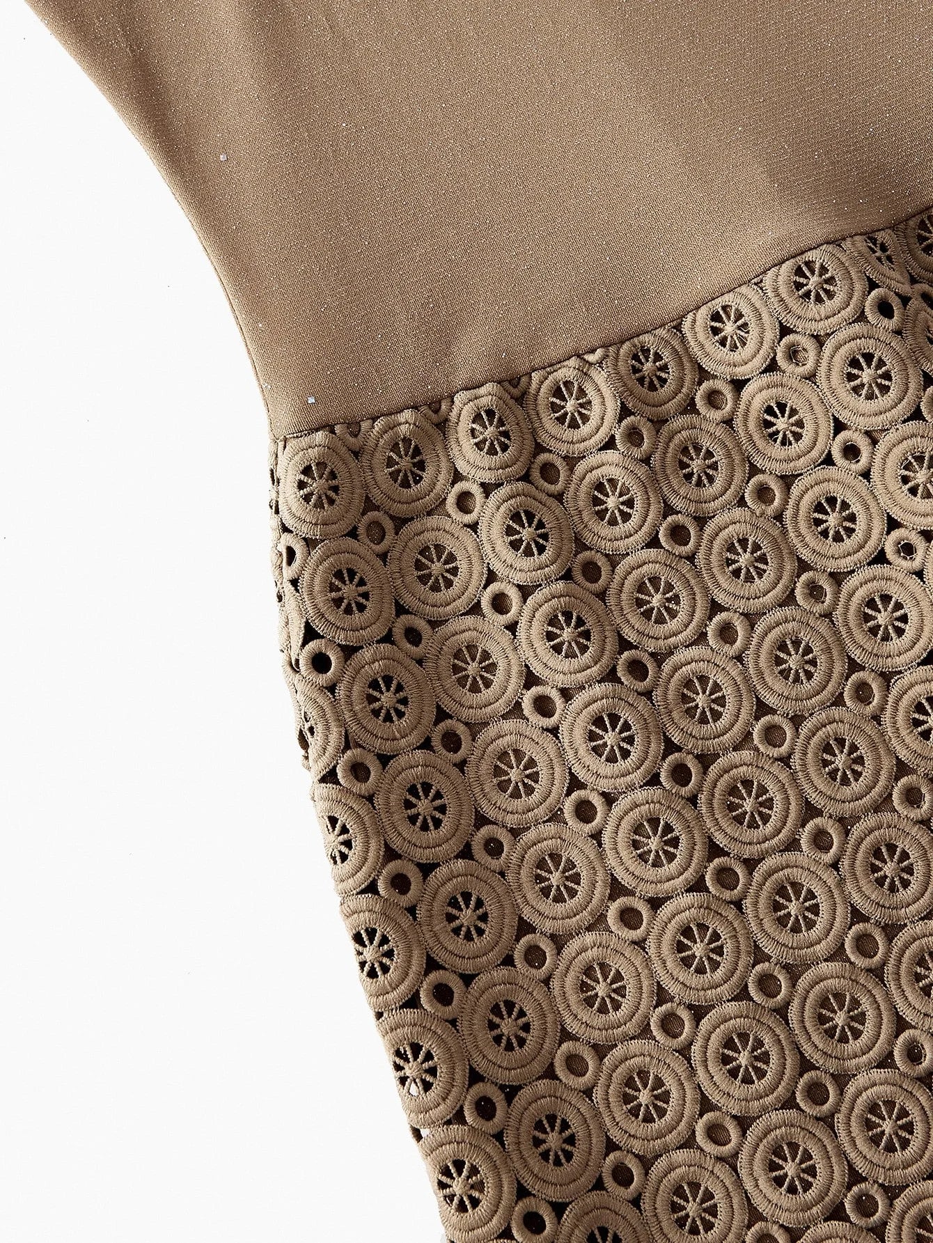 PREMIUM COLD SHOULDER CONTRAST GUIPURE LACE FRINGE HEM DRESS