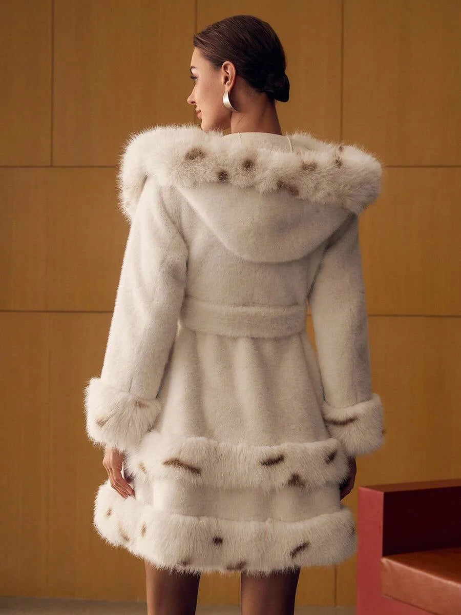 PREMIUM COLORBLOCK BELTED FAUX FUR COAT