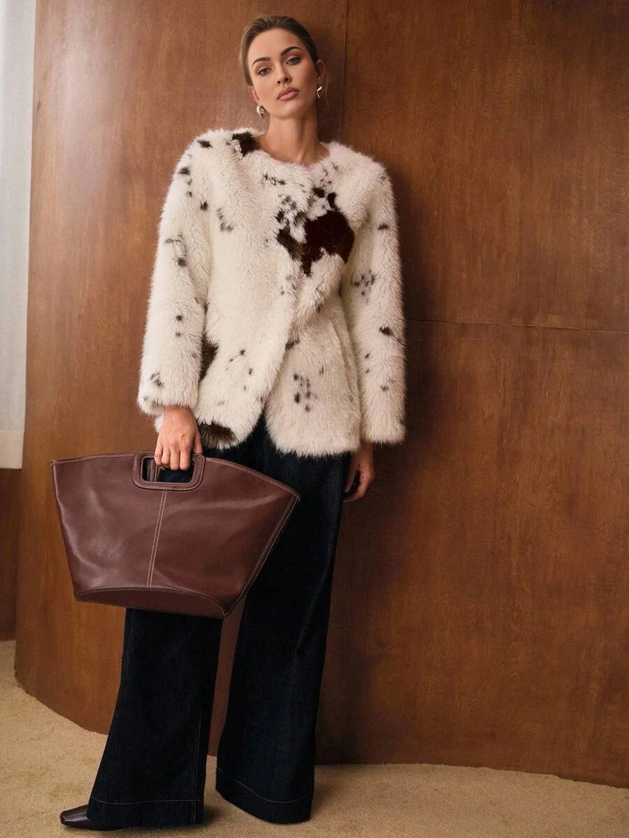 PREMIUM COLORBLOCK BUTTON UP FAUX FUR COAT