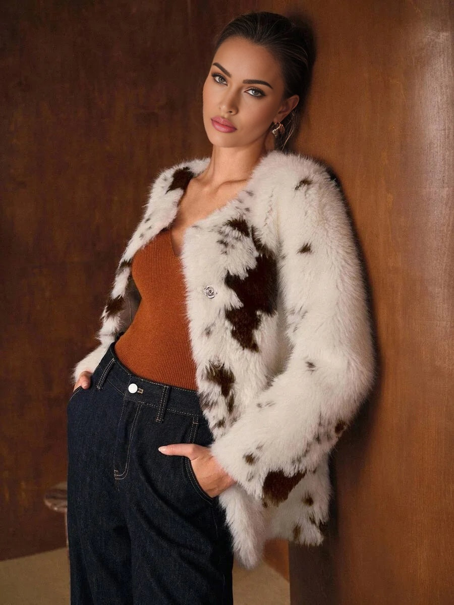 PREMIUM COLORBLOCK BUTTON UP FAUX FUR COAT