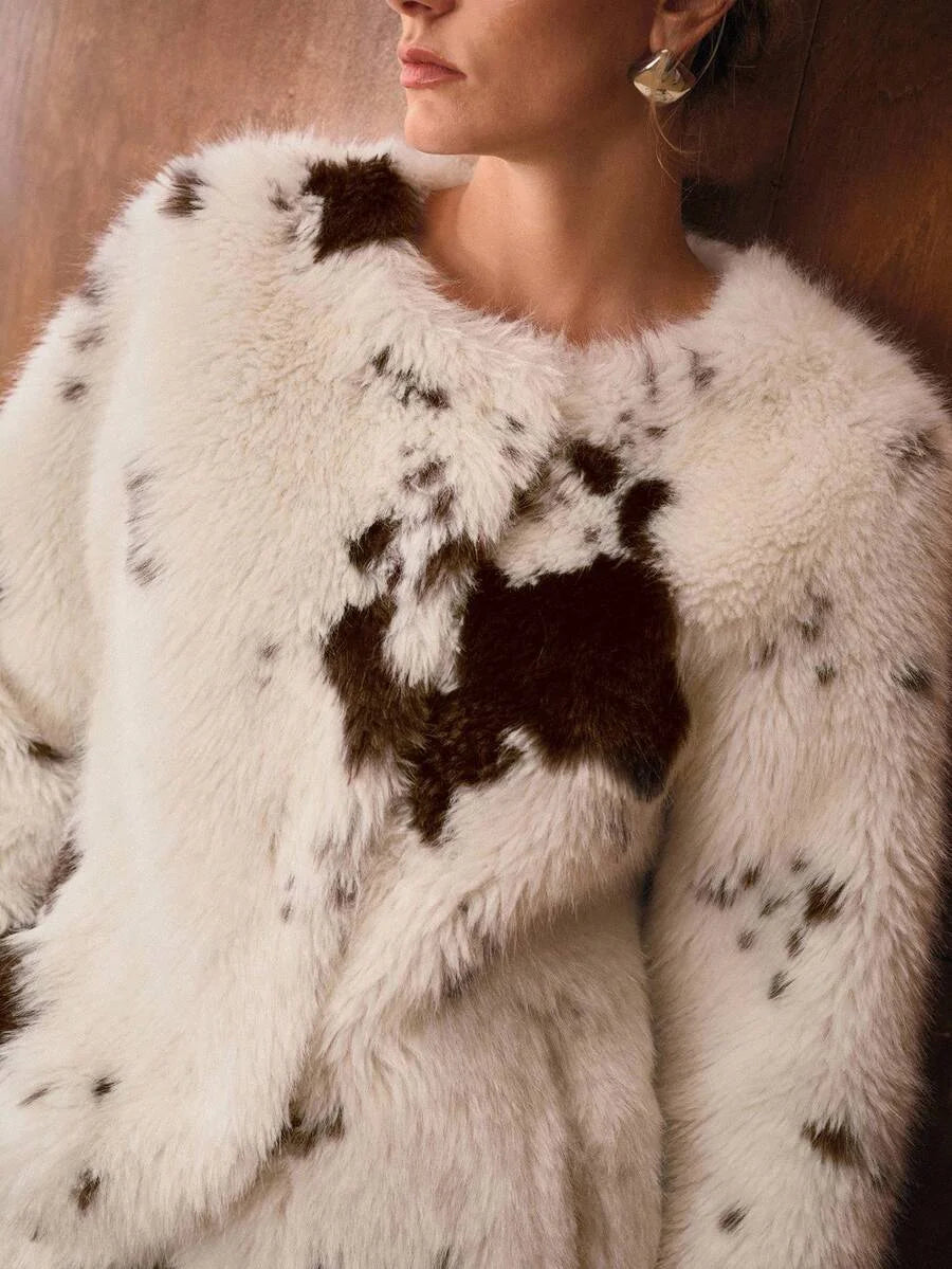 PREMIUM COLORBLOCK BUTTON UP FAUX FUR COAT