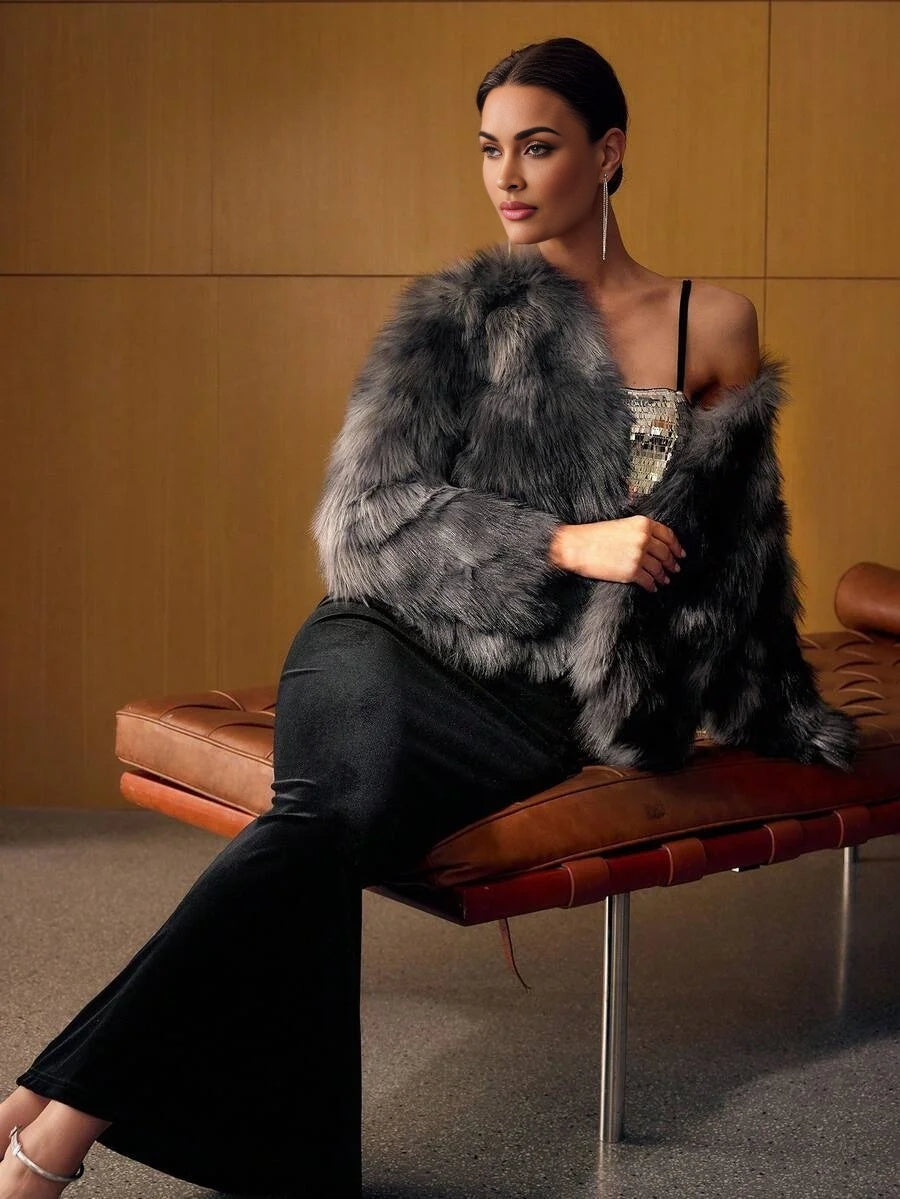 PREMIUM COLORBLOCK LONG SLEEVE FAUX FUR COAT