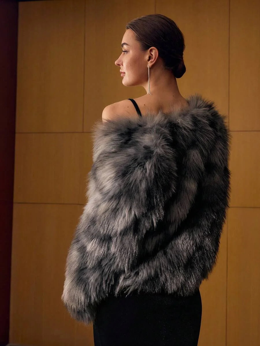 PREMIUM COLORBLOCK LONG SLEEVE FAUX FUR COAT