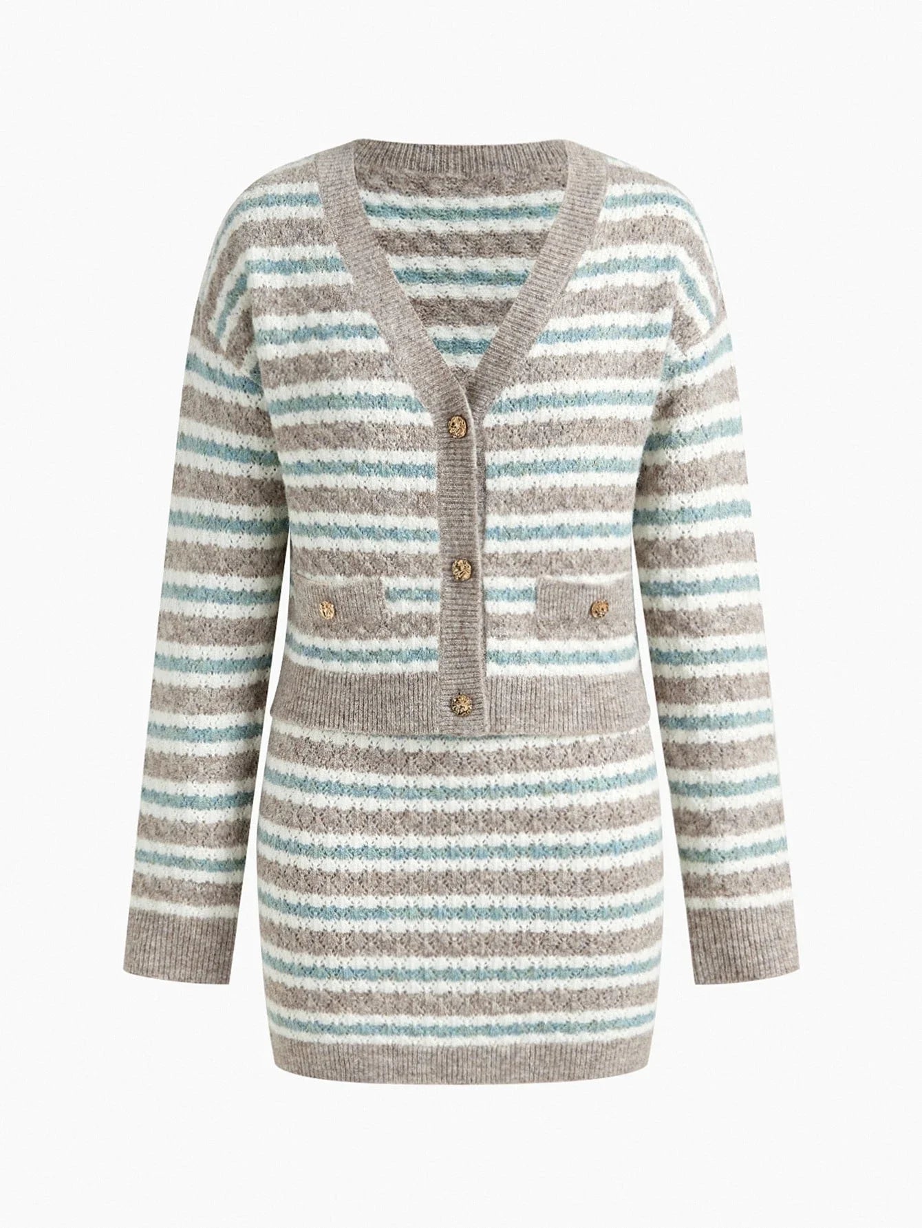 PREMIUM COLORBLOCK STRIPED PATTERN BUTTON UP TOP amp SKIRT SWEATER COORD