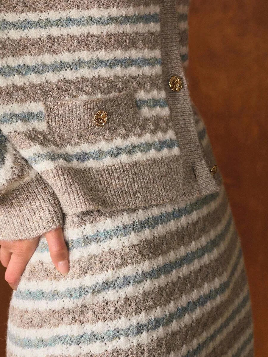 PREMIUM COLORBLOCK STRIPED PATTERN BUTTON UP TOP amp SKIRT SWEATER COORD