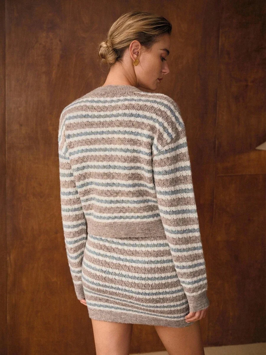 PREMIUM COLORBLOCK STRIPED PATTERN BUTTON UP TOP amp SKIRT SWEATER COORD