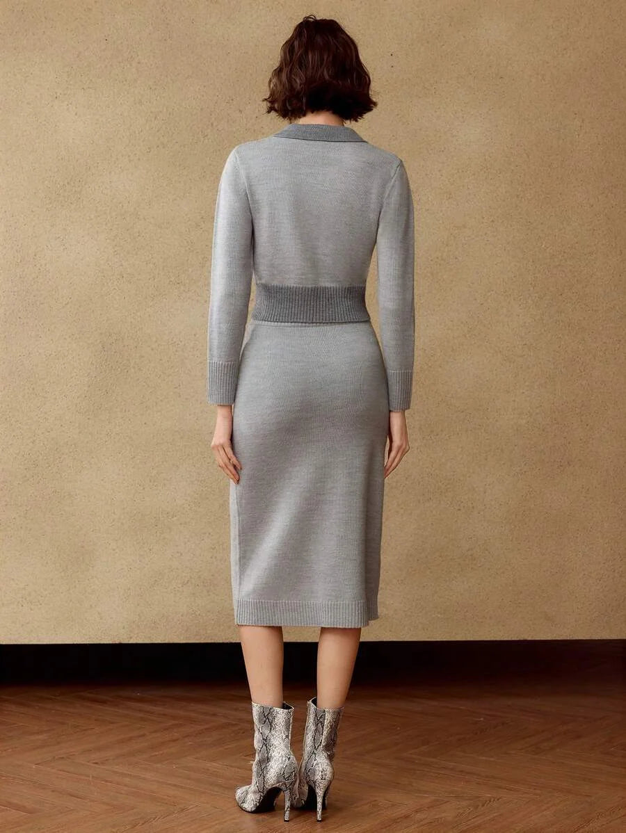 PREMIUM COLORBLOCK VCOLLAR CROP SWEATER amp PENCIL KNIT SKIRT SET