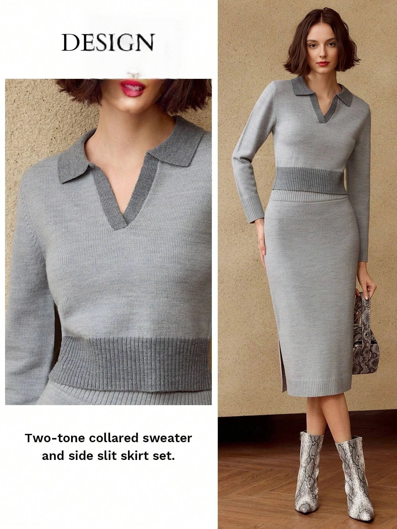 PREMIUM COLORBLOCK VCOLLAR CROP SWEATER amp PENCIL KNIT SKIRT SET