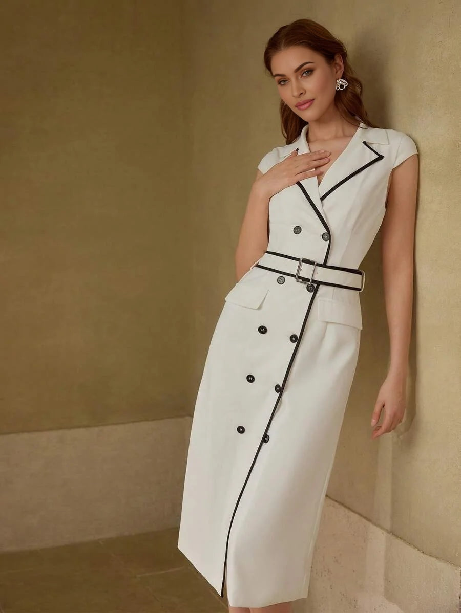 PREMIUM CONTRAST BINDING DOUBLE BREASTED BELTED DRESS