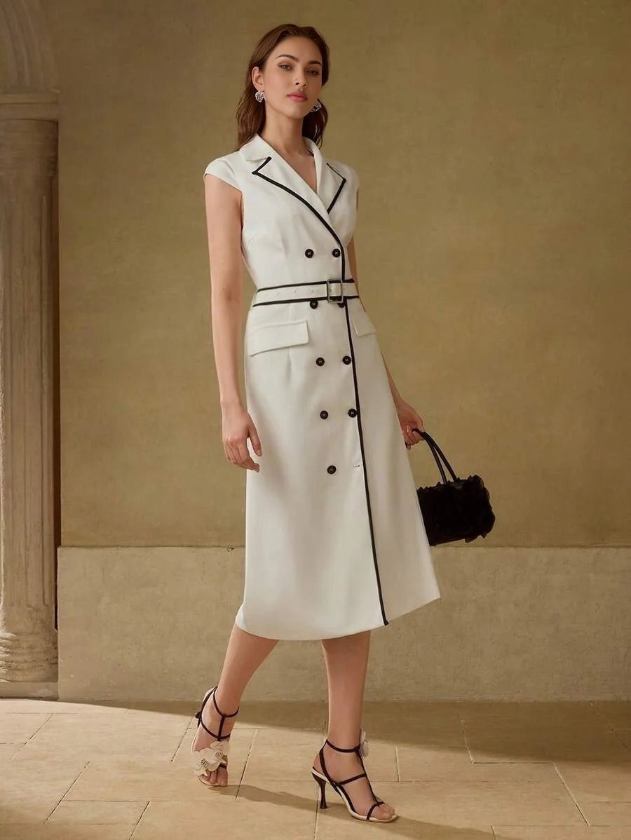PREMIUM CONTRAST BINDING DOUBLE BREASTED BELTED DRESS