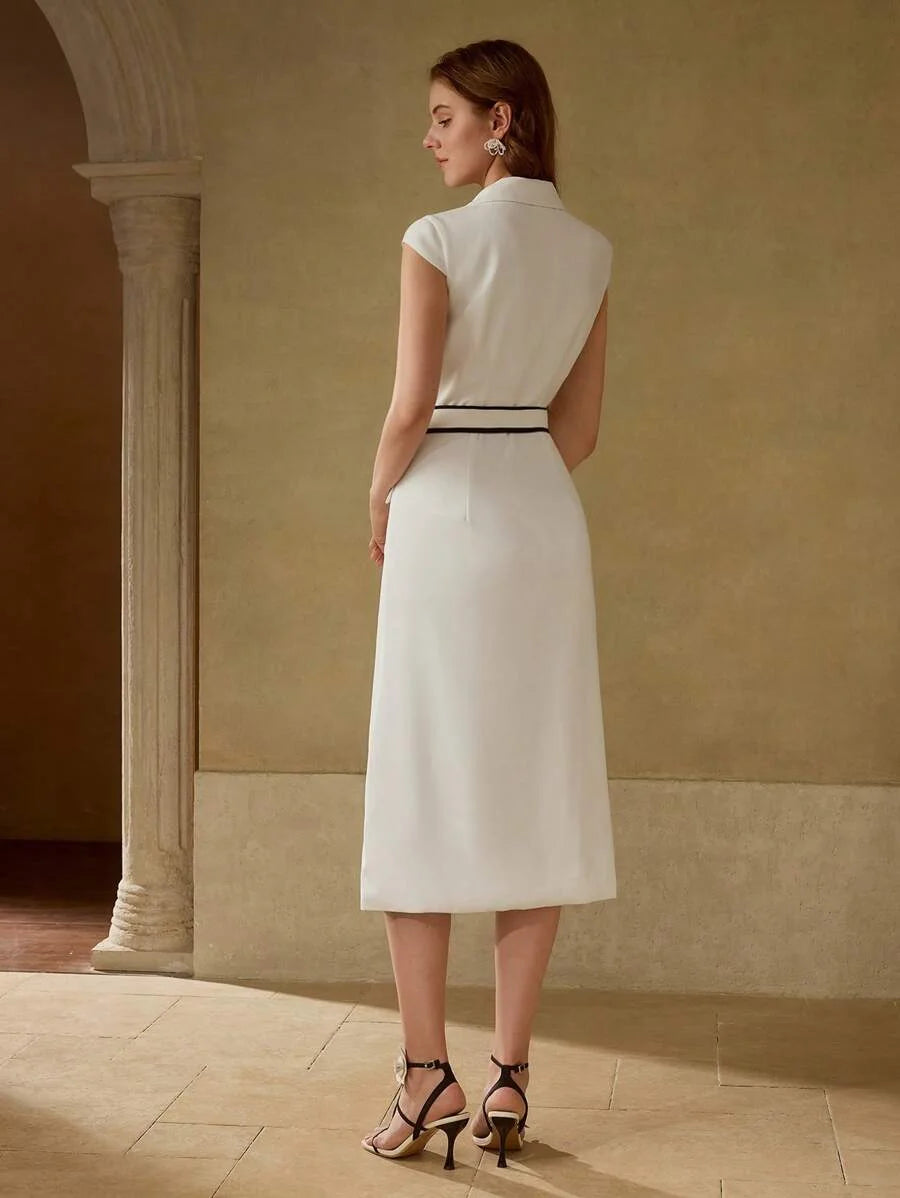 PREMIUM CONTRAST BINDING DOUBLE BREASTED BELTED DRESS