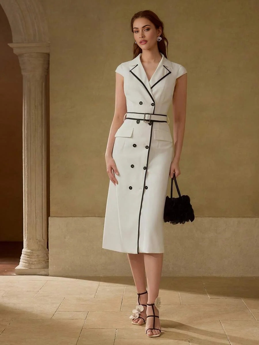 PREMIUM CONTRAST BINDING DOUBLE BREASTED BELTED DRESS