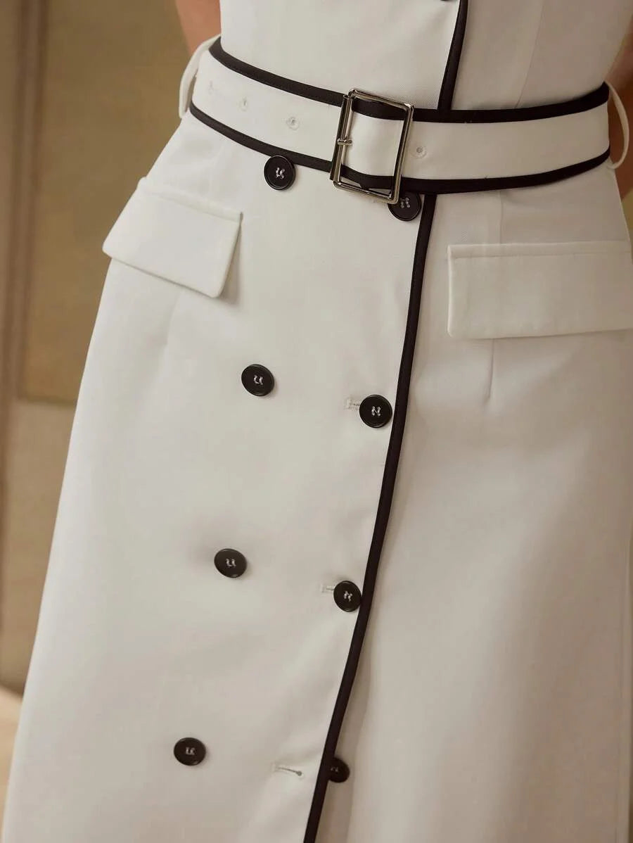 PREMIUM CONTRAST BINDING DOUBLE BREASTED BELTED DRESS