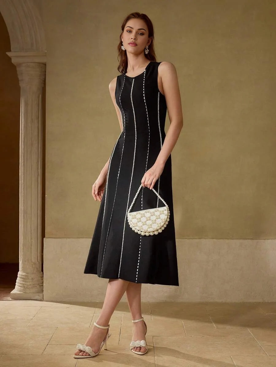 PREMIUM CONTRAST BINDING FAUX PEARL TRIM DRESS