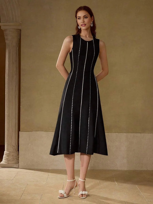 PREMIUM CONTRAST BINDING FAUX PEARL TRIM DRESS