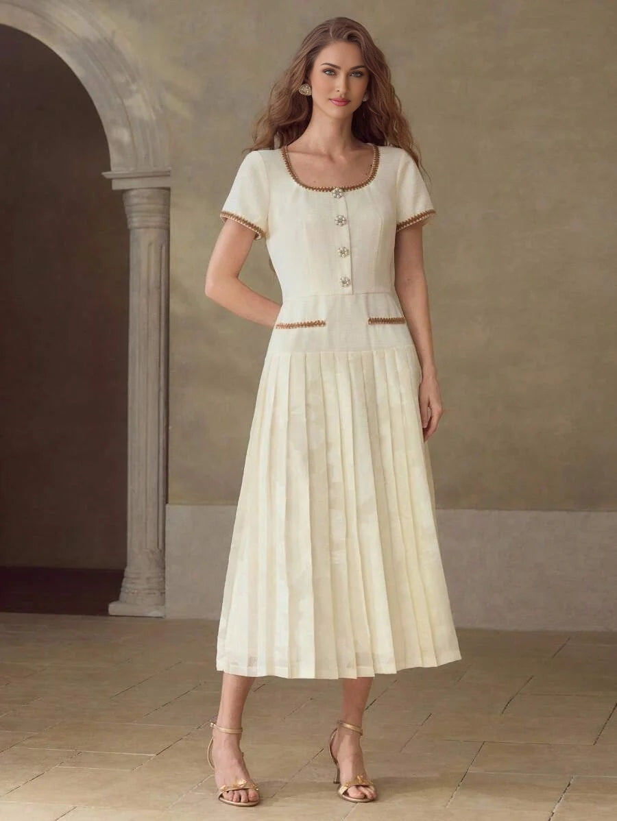 PREMIUM CONTRAST BINDING PLEATED HEM DRESS