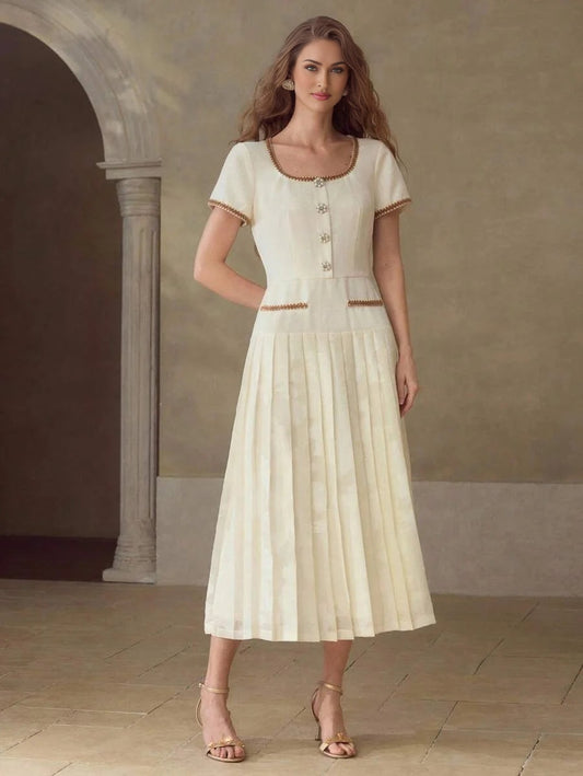 PREMIUM CONTRAST BINDING PLEATED HEM DRESS