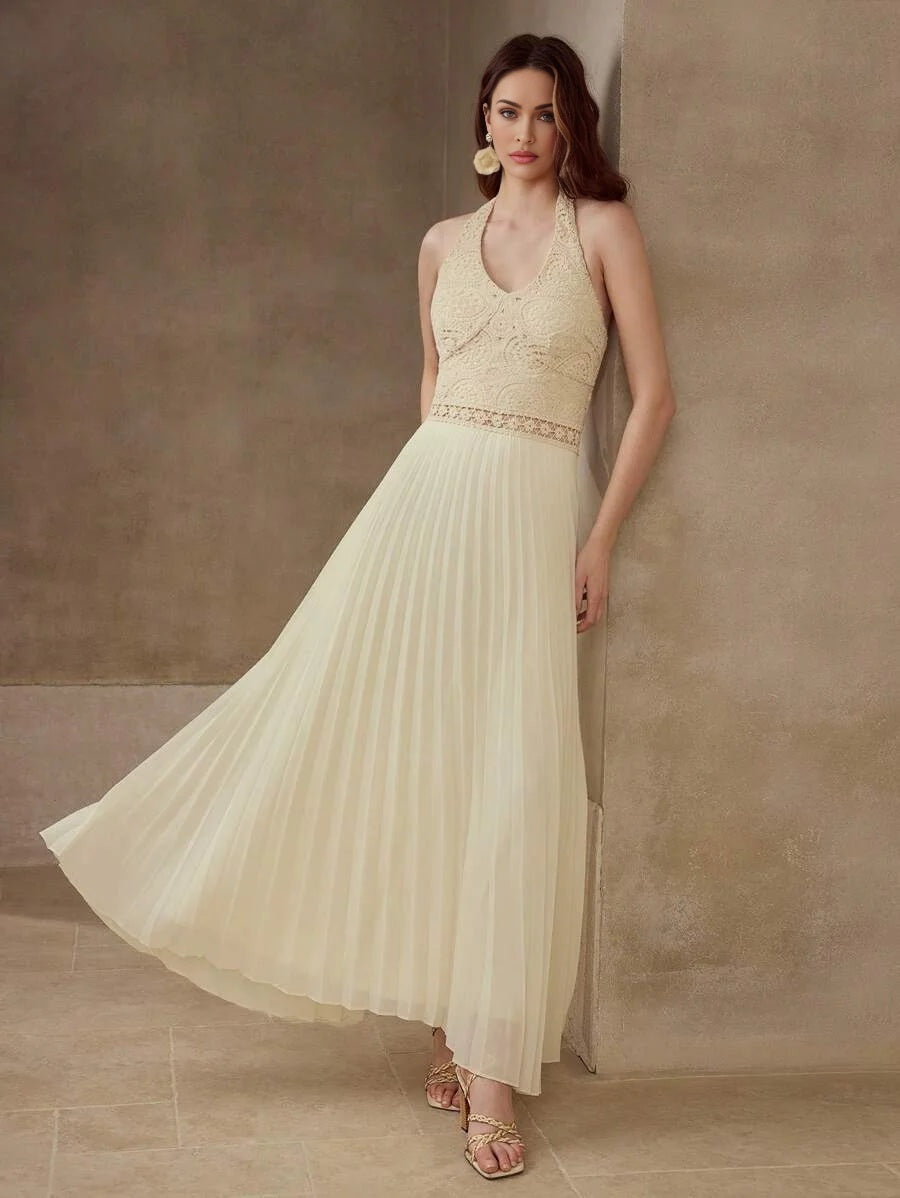 PREMIUM CONTRAST CROCHET PLEATED DRESS