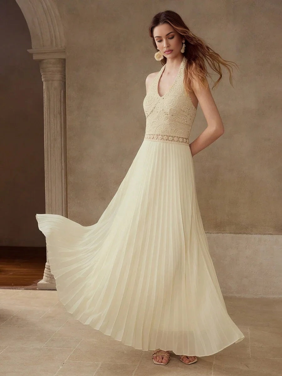 PREMIUM CONTRAST CROCHET PLEATED DRESS