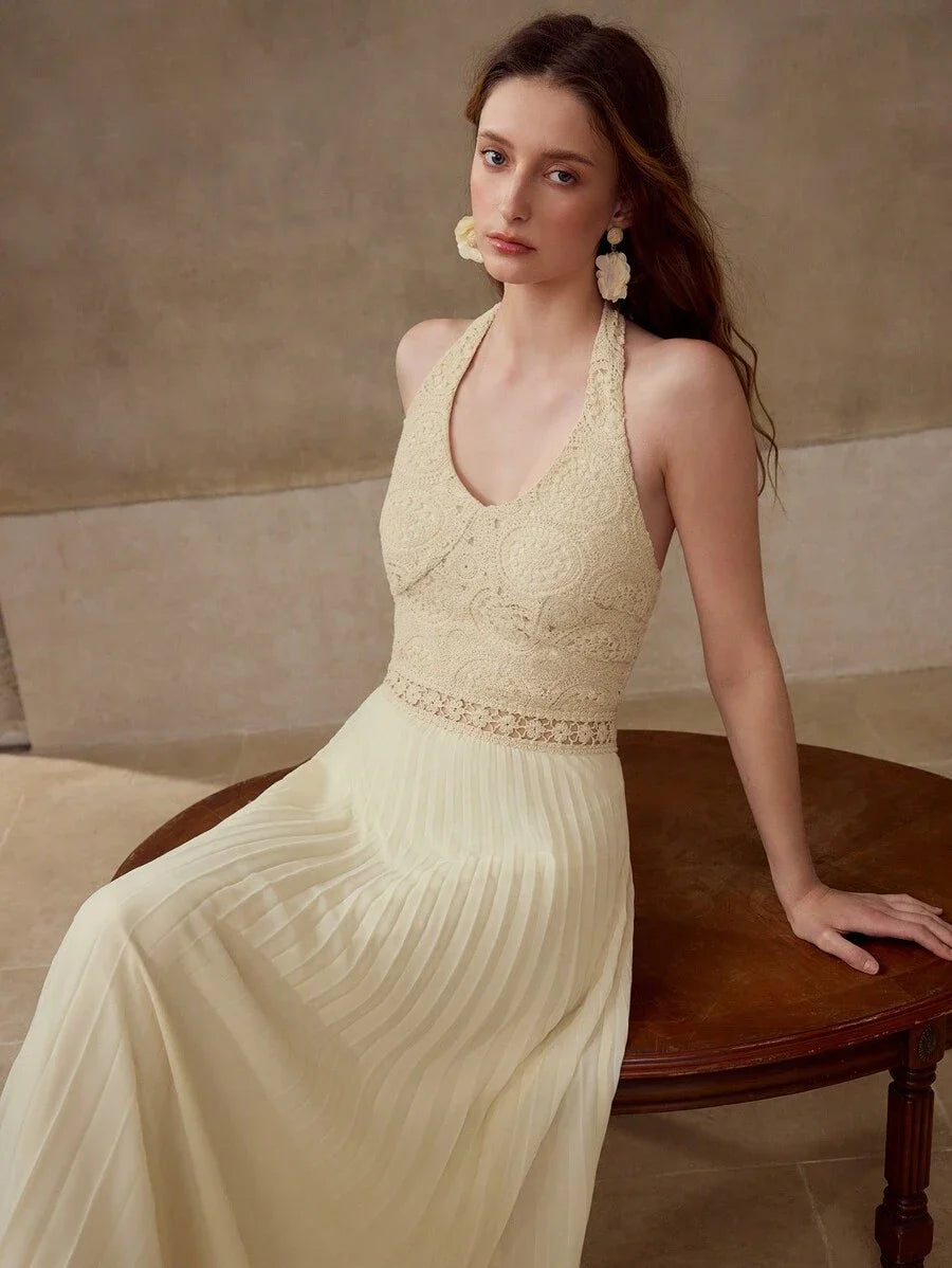 PREMIUM CONTRAST CROCHET PLEATED DRESS