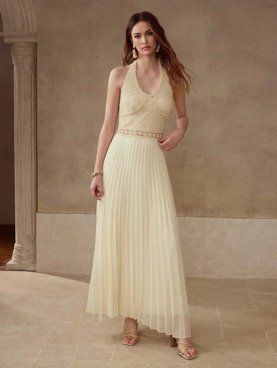 PREMIUM CONTRAST CROCHET PLEATED DRESS