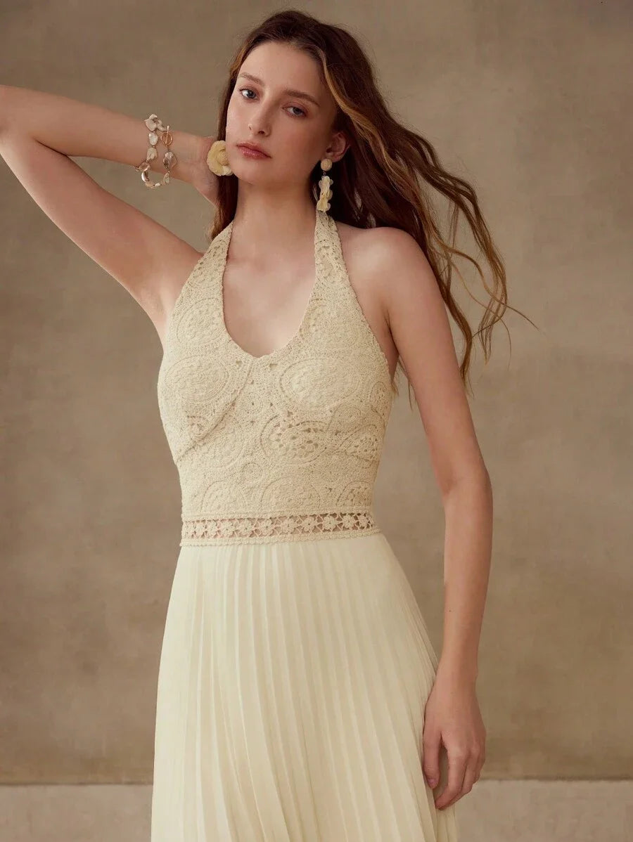 PREMIUM CONTRAST CROCHET PLEATED DRESS