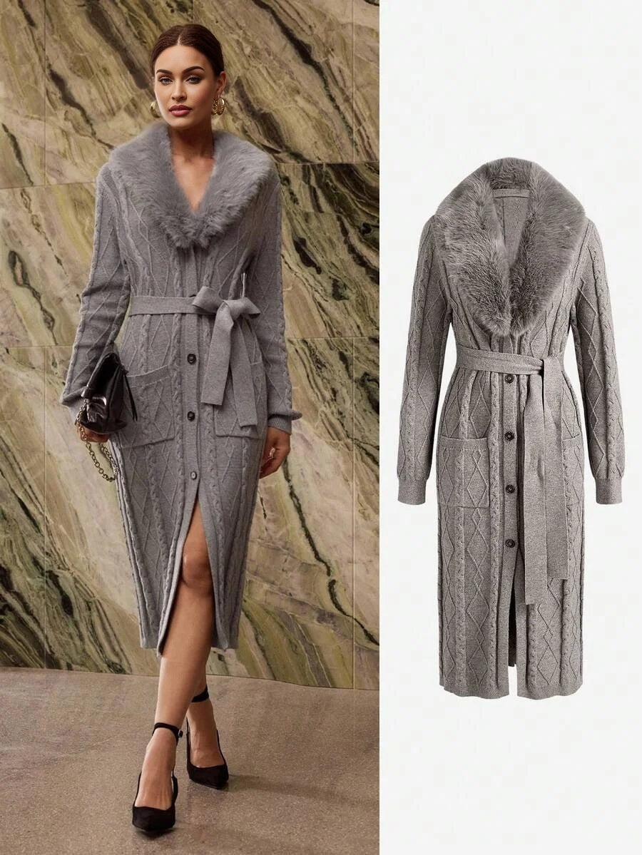 PREMIUM CONTRAST FAUX FUR BELTED CARDIGAN