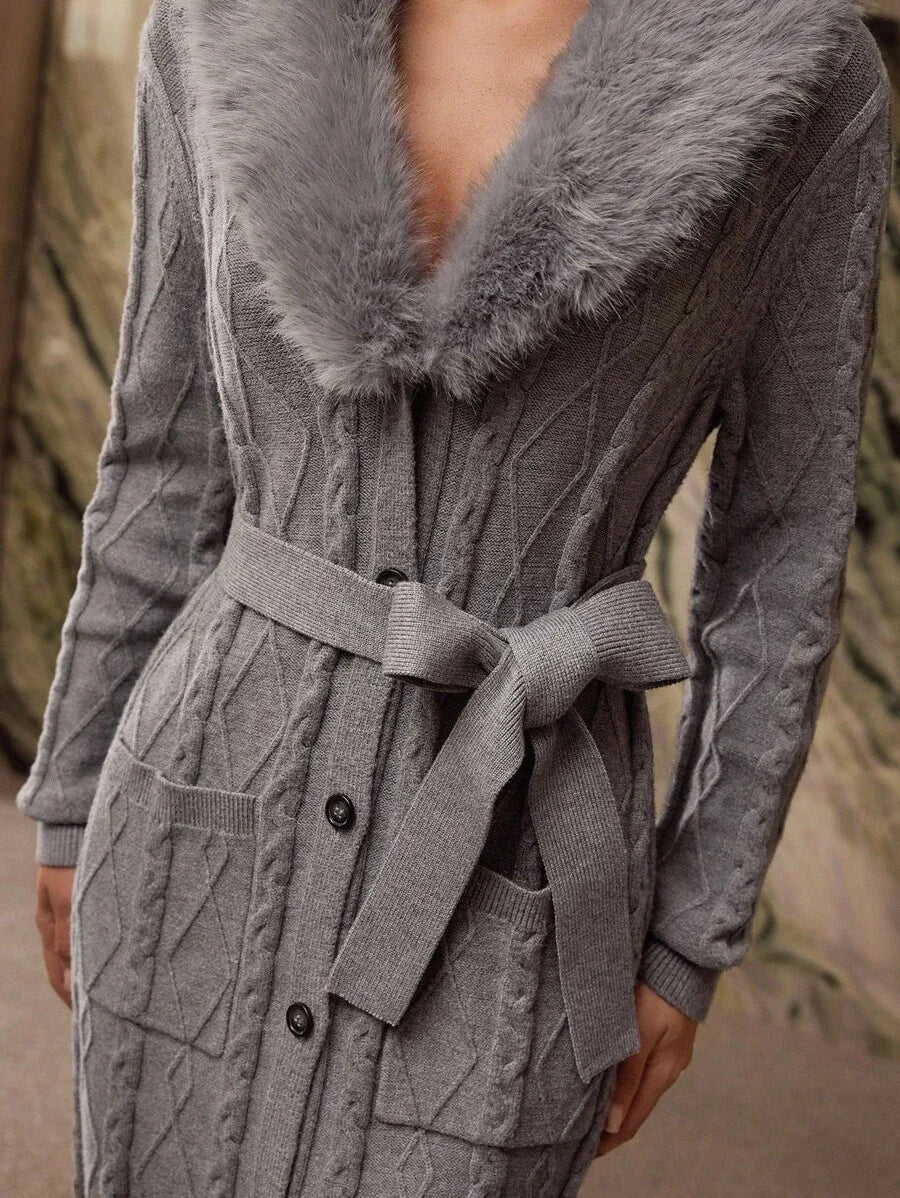 PREMIUM CONTRAST FAUX FUR BELTED CARDIGAN