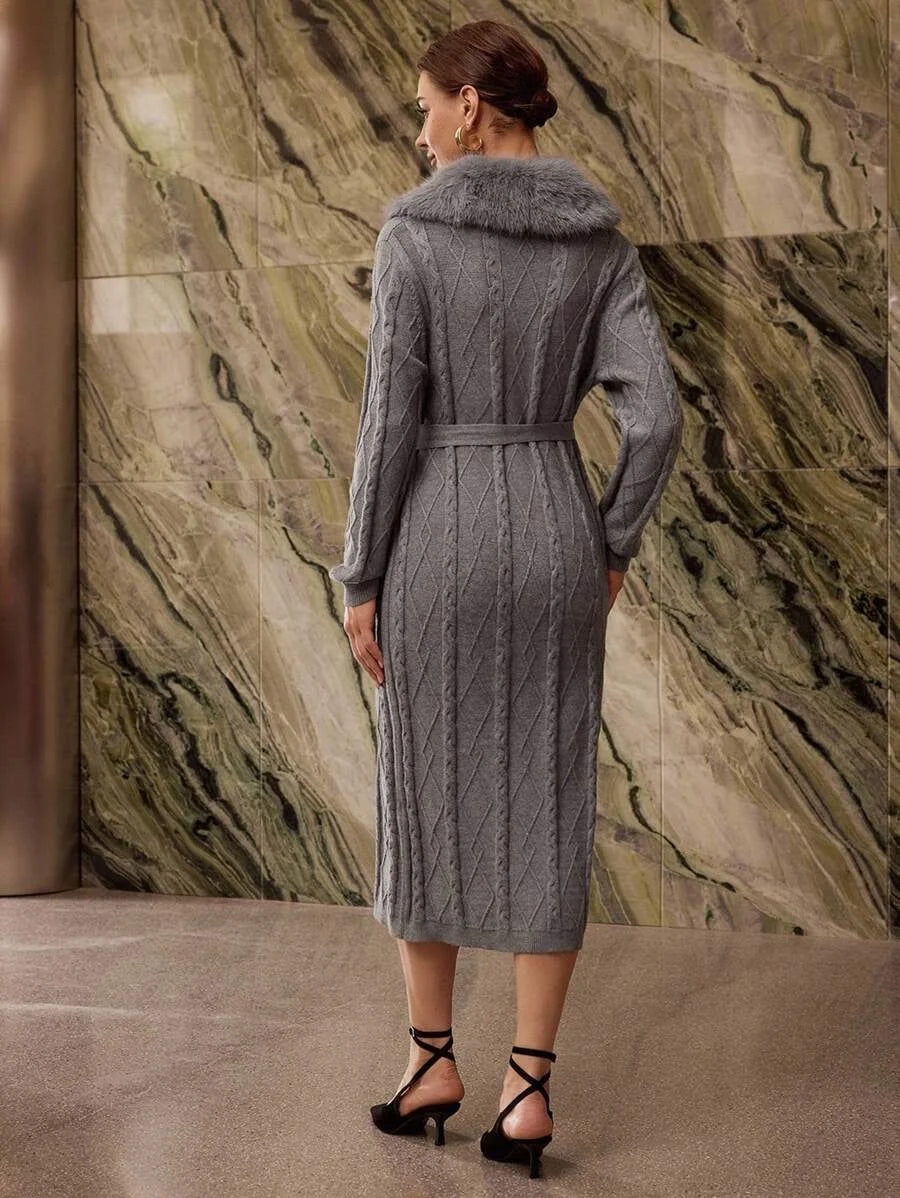 PREMIUM CONTRAST FAUX FUR BELTED CARDIGAN