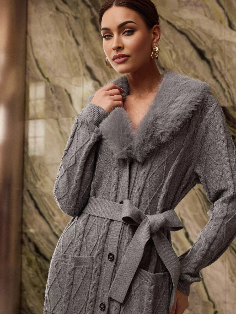 PREMIUM CONTRAST FAUX FUR BELTED CARDIGAN