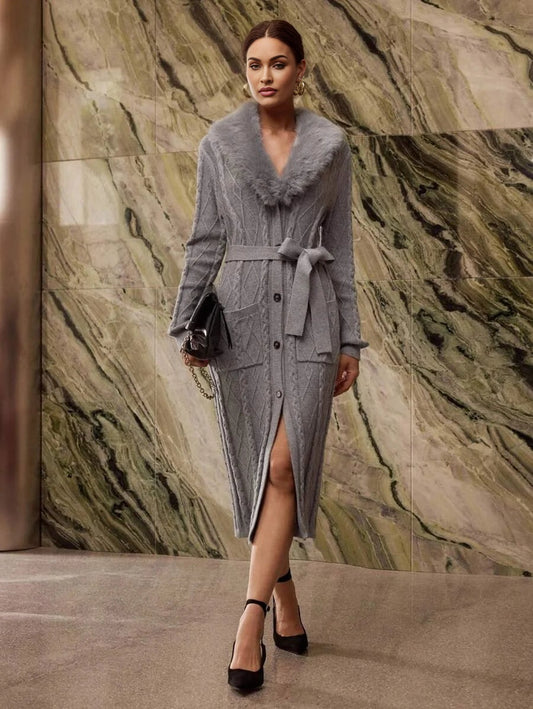PREMIUM CONTRAST FAUX FUR BELTED CARDIGAN