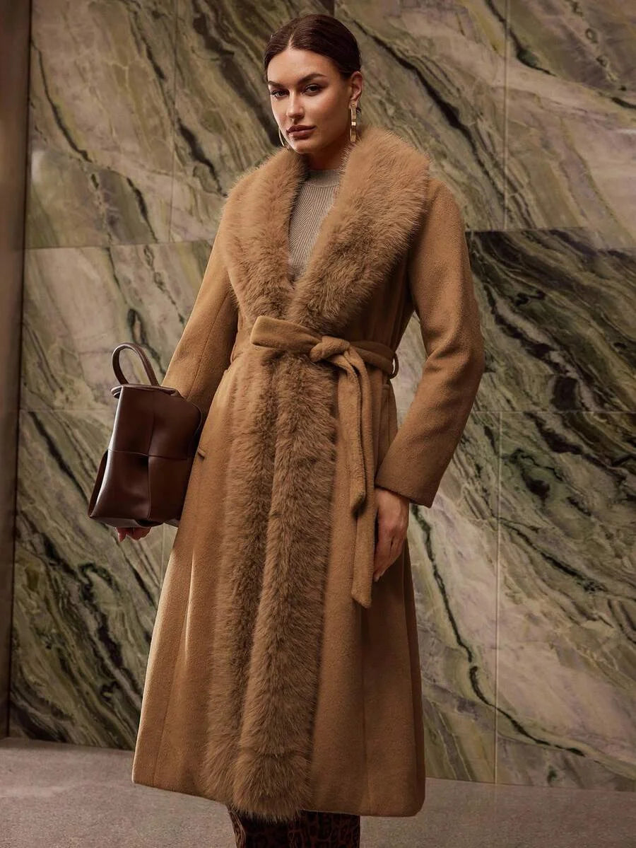 PREMIUM CONTRAST FAUX FUR BELTED OVERCOAT