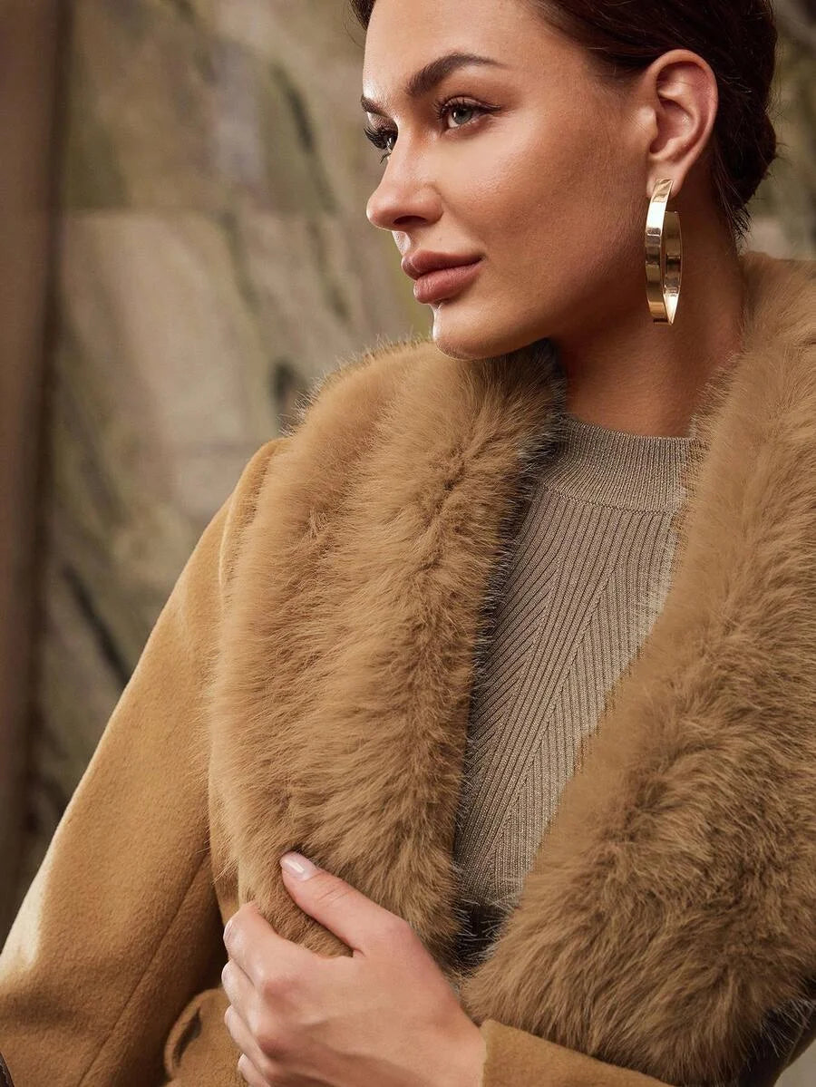 PREMIUM CONTRAST FAUX FUR BELTED OVERCOAT