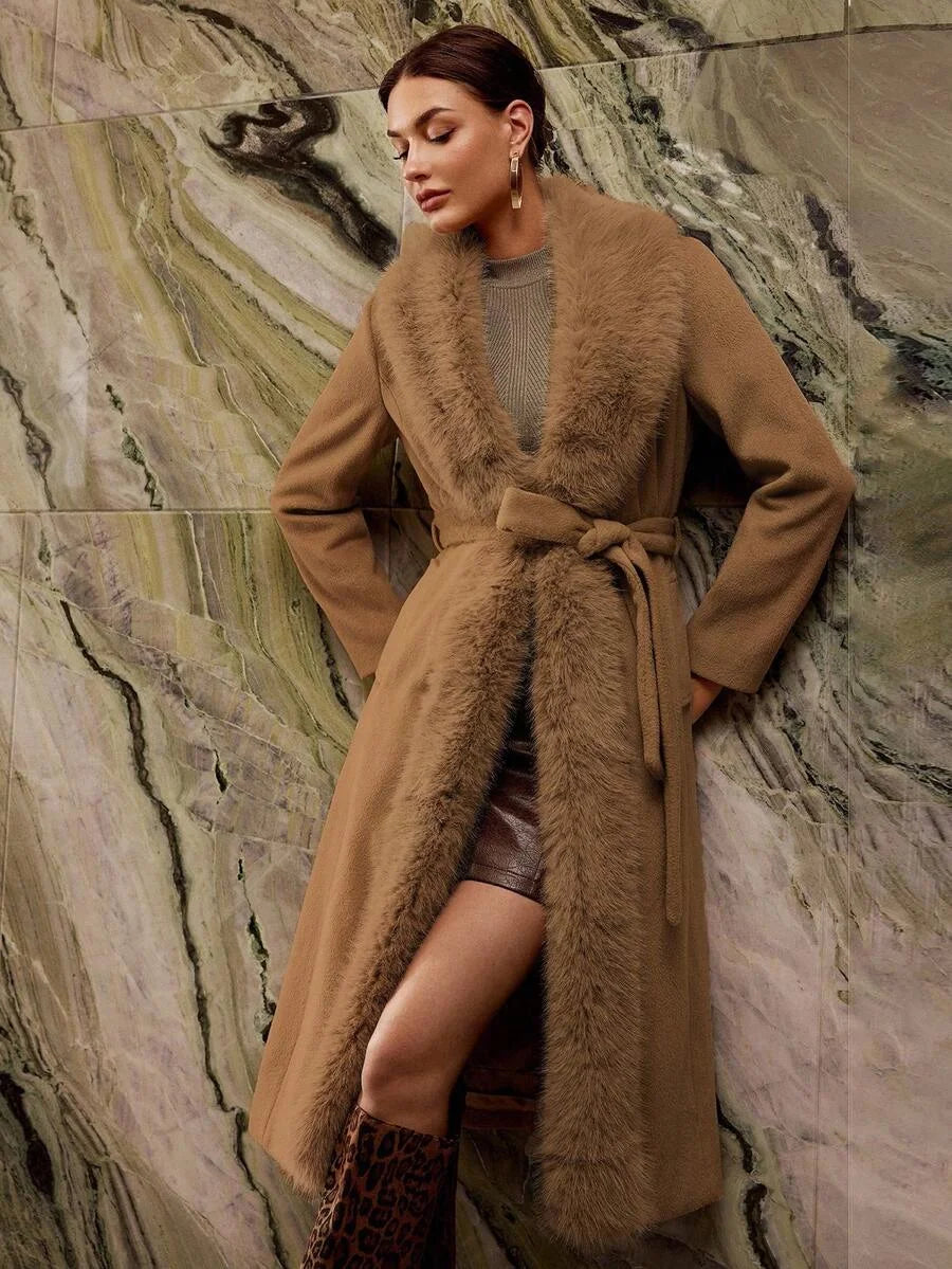 PREMIUM CONTRAST FAUX FUR BELTED OVERCOAT