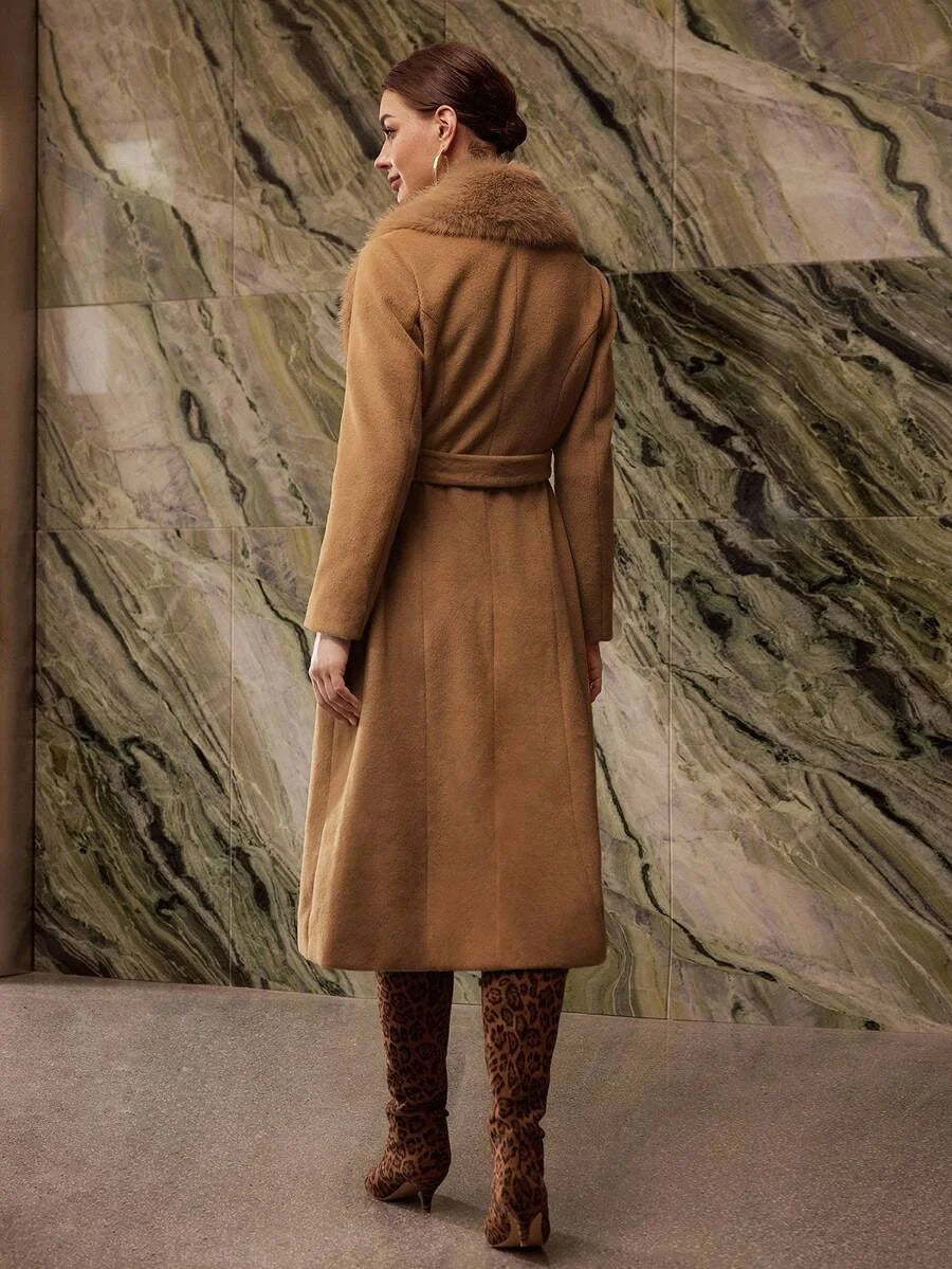 PREMIUM CONTRAST FAUX FUR BELTED OVERCOAT