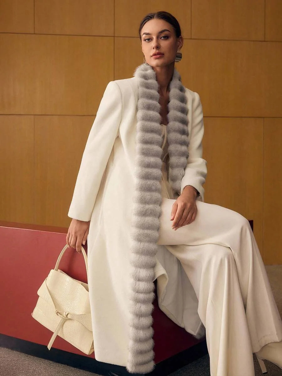 PREMIUM CONTRAST FAUX FUR BELTED OVERCOAT