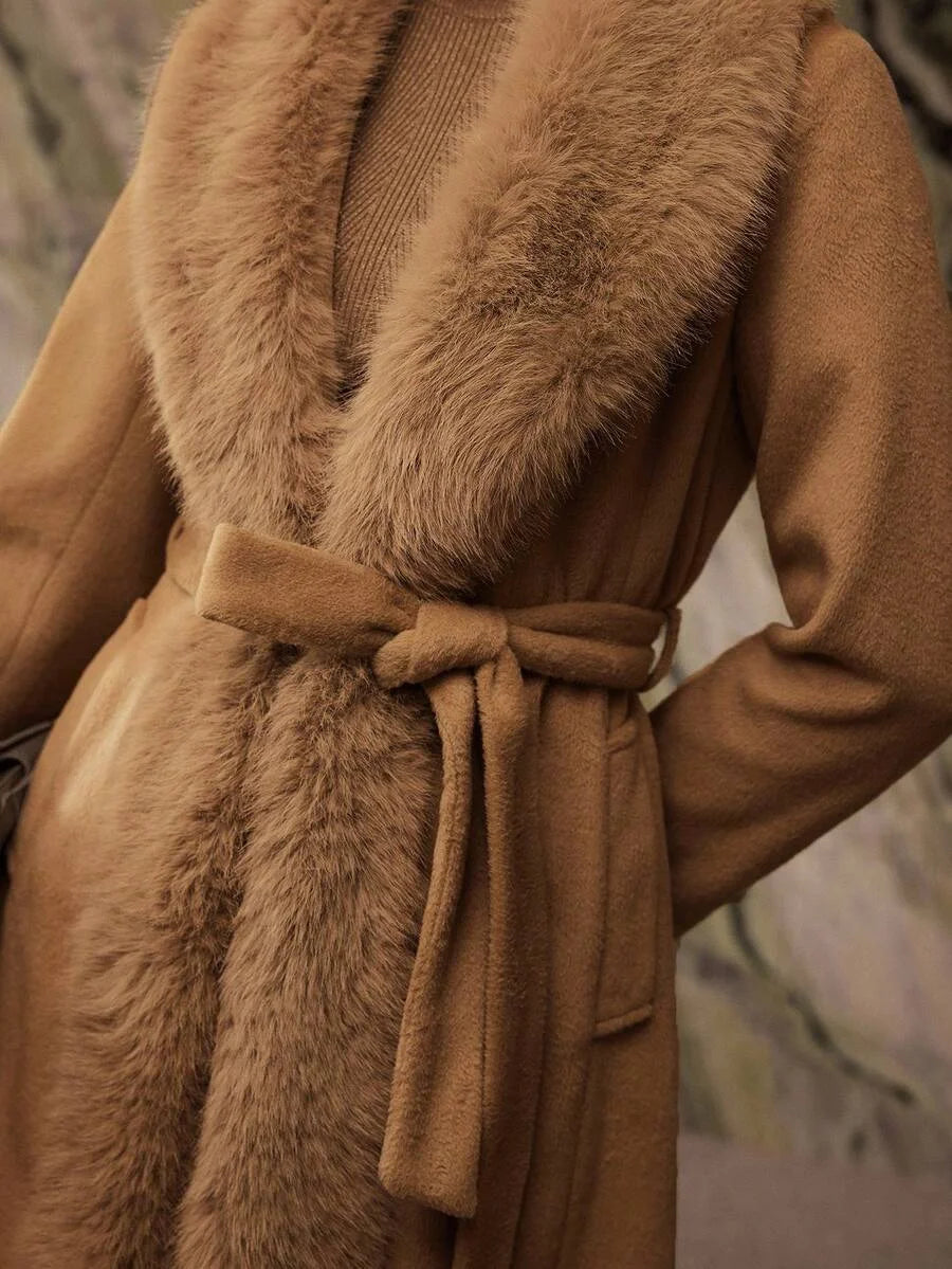 PREMIUM CONTRAST FAUX FUR BELTED OVERCOAT