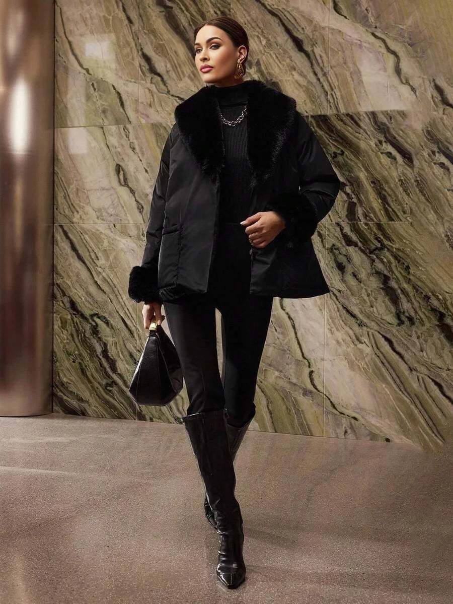 PREMIUM CONTRAST FAUX FUR BELTED WINTER COAT