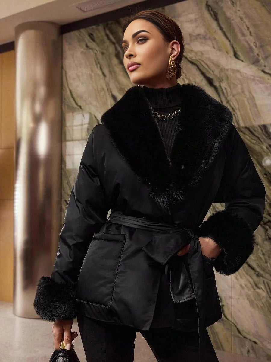 PREMIUM CONTRAST FAUX FUR BELTED WINTER COAT