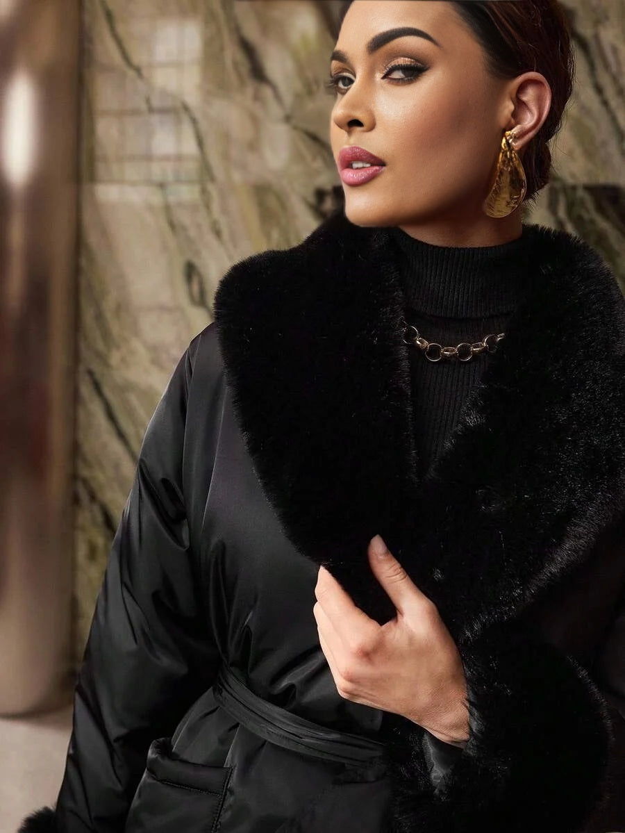 PREMIUM CONTRAST FAUX FUR BELTED WINTER COAT