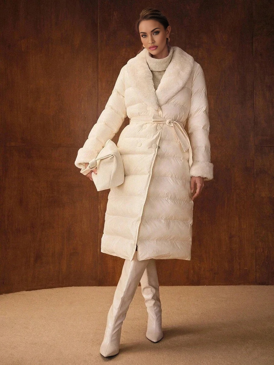 PREMIUM CONTRAST FAUX FUR BELTED WINTER COAT