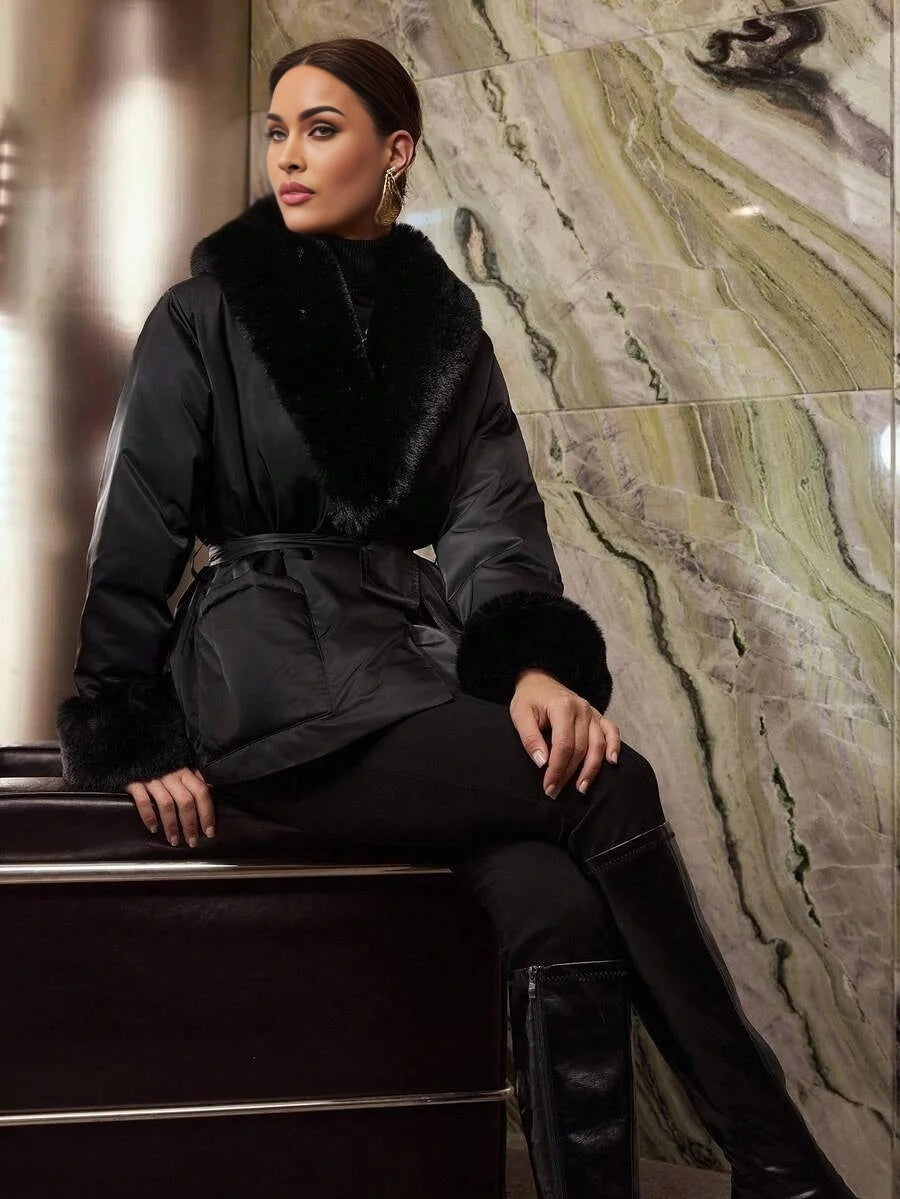PREMIUM CONTRAST FAUX FUR BELTED WINTER COAT