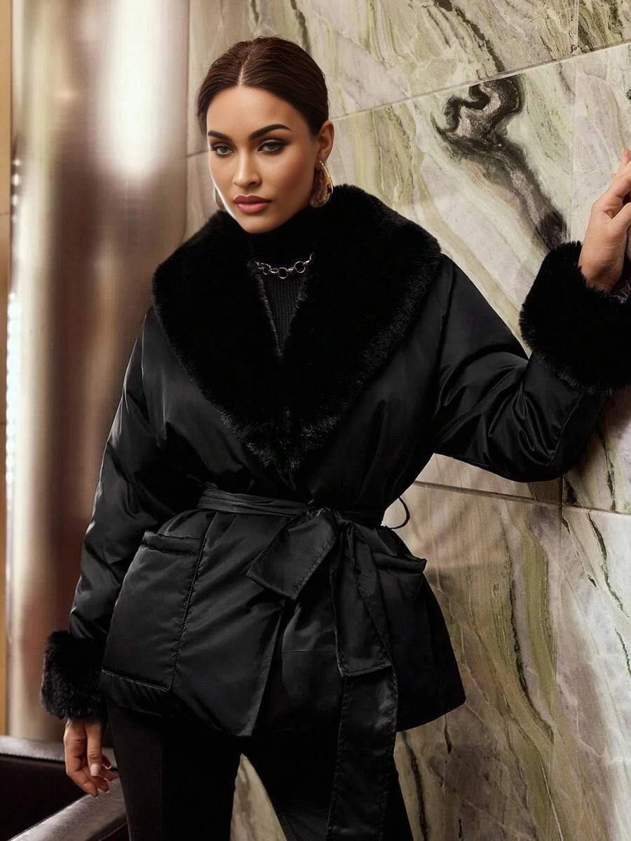 PREMIUM CONTRAST FAUX FUR BELTED WINTER COAT