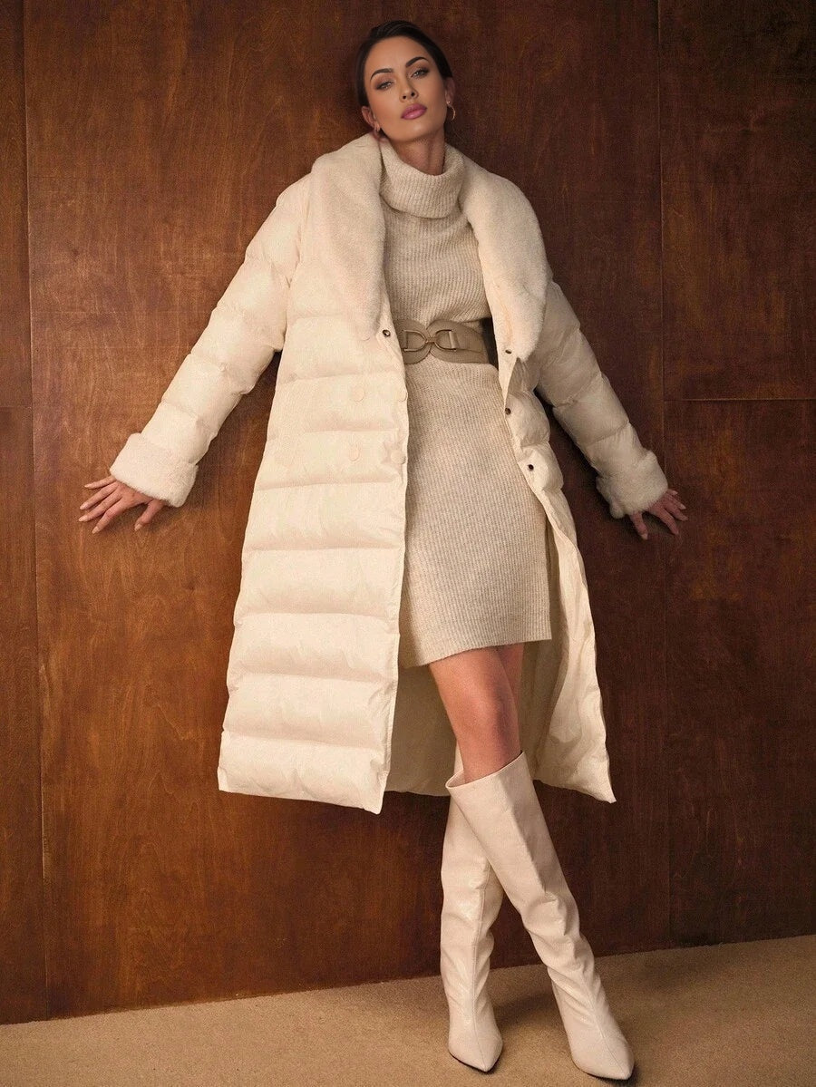 PREMIUM CONTRAST FAUX FUR BELTED WINTER COAT